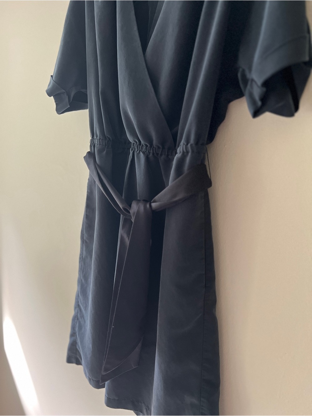 Buttery Soft Pleated Deep Muted Blue Wrap Dress with Tie Waist - Picture 6 of 15